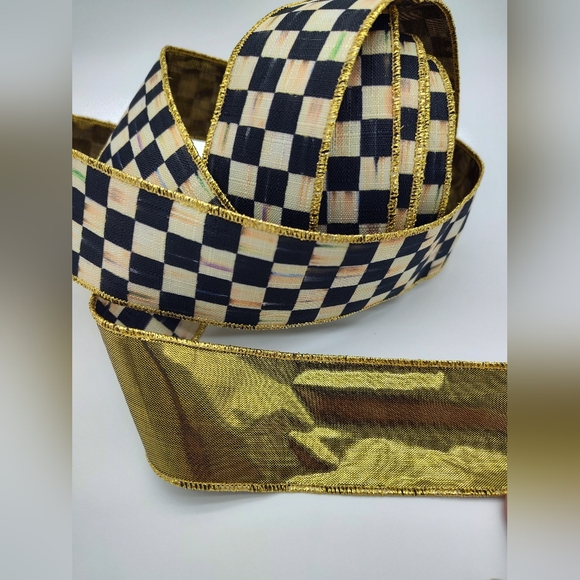 MACKENZIE-CHILDS 2" Courtly Check Ribbon Two (2) Yards Black Ivory Gold Wired - Picture 3 of 4